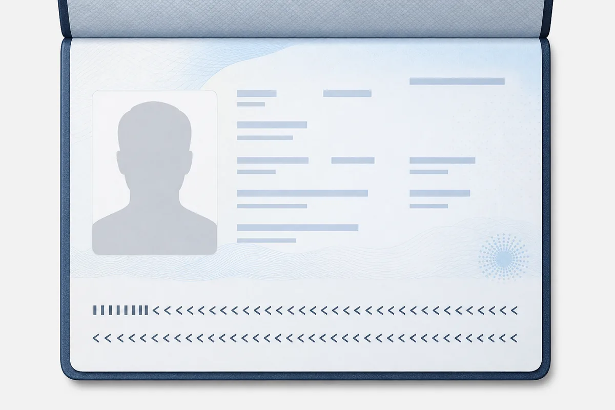 Pasaporte ilustrativo sin datos reales con la zona del número destacada