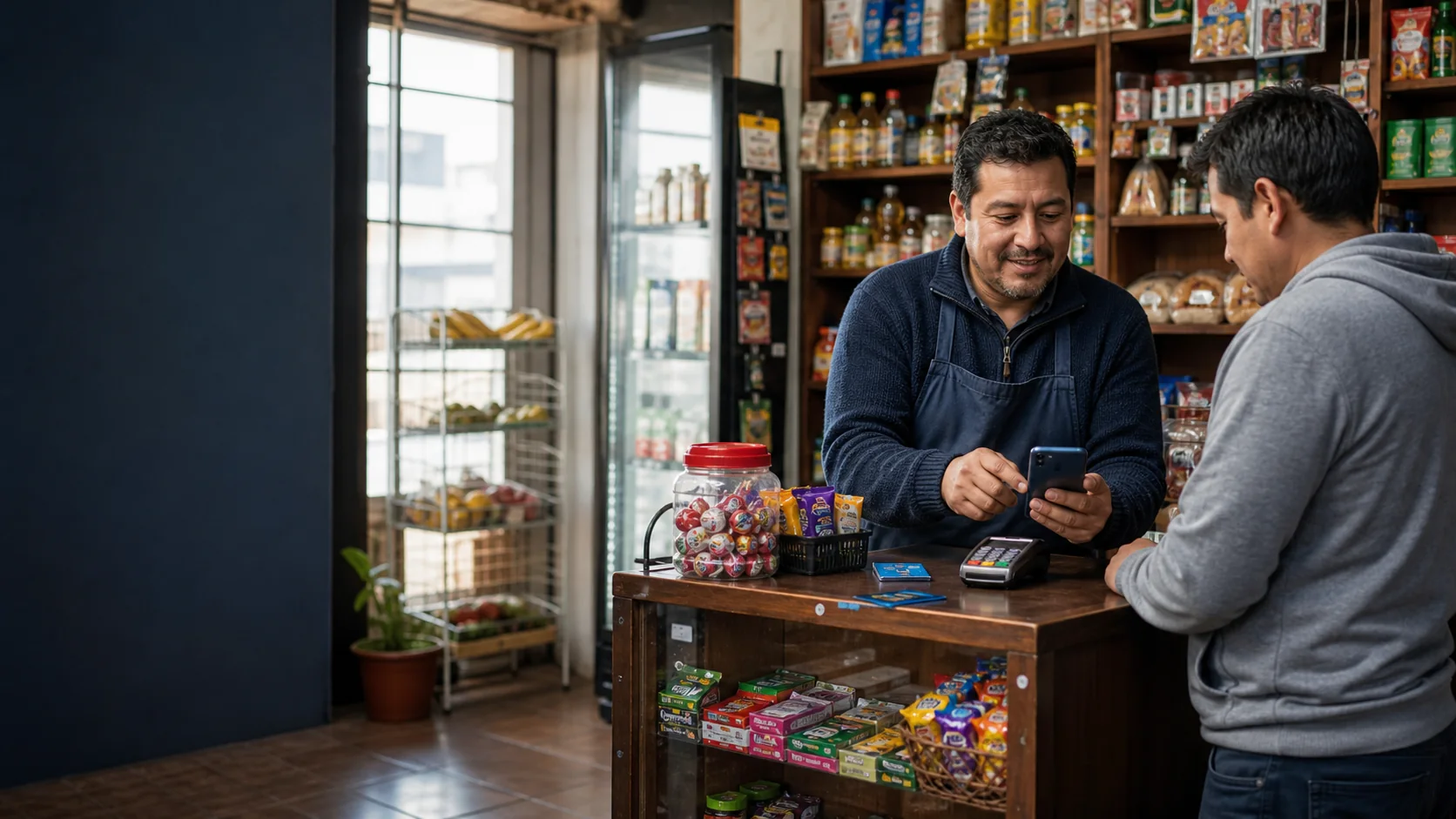 Escena comercial de un comerciante atendiendo a un cliente en un minimarket chileno