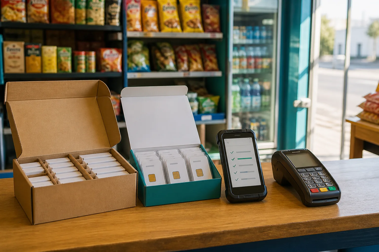 Presentación comercial de abastecimiento progresivo con chips, control de inventario y terminal de pago