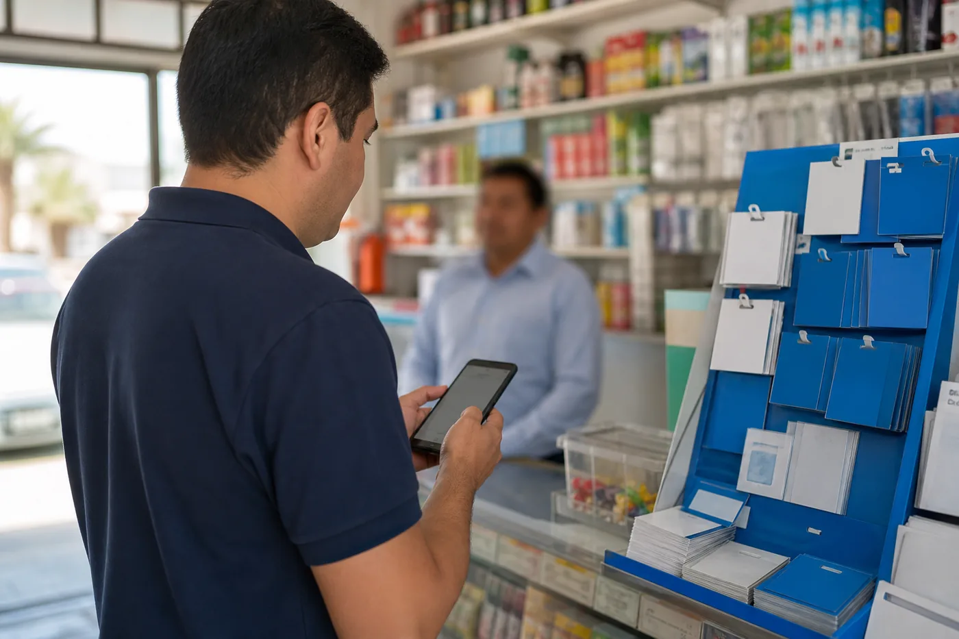 Escena conceptual de una visita comercial registrada desde un teléfono