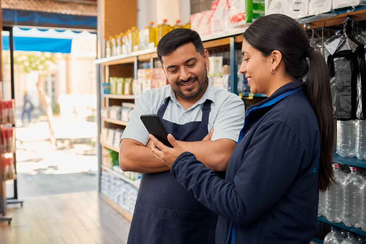 Escena conceptual de una visita en un comercio registrada con un teléfono