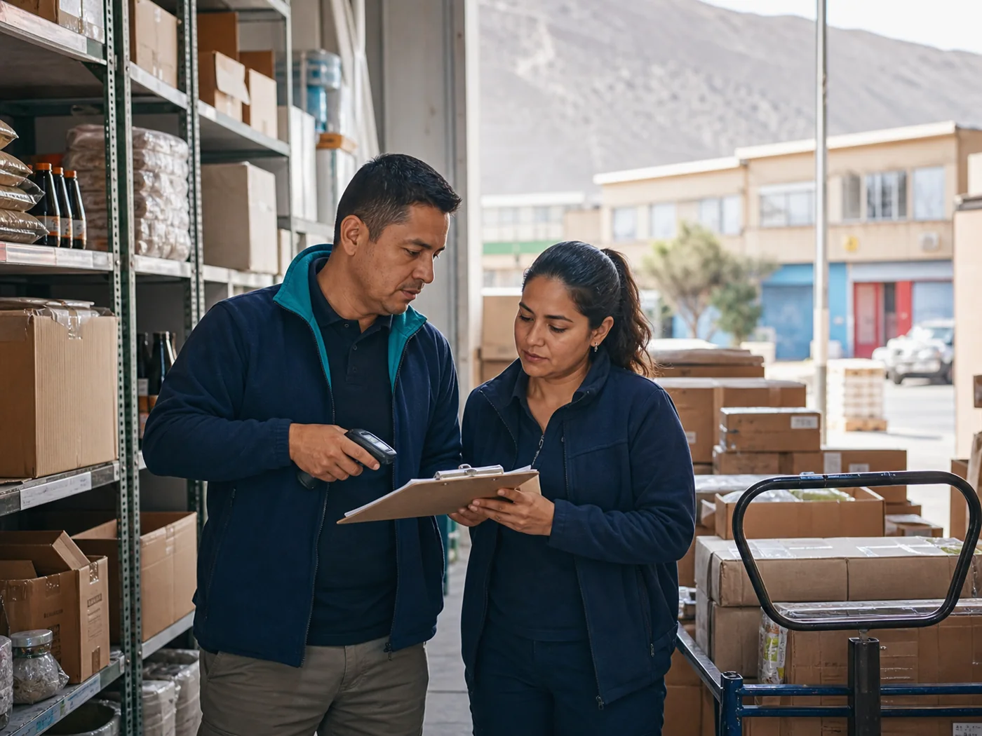 Escena comercial de coordinación de inventario, distribución y proveedores