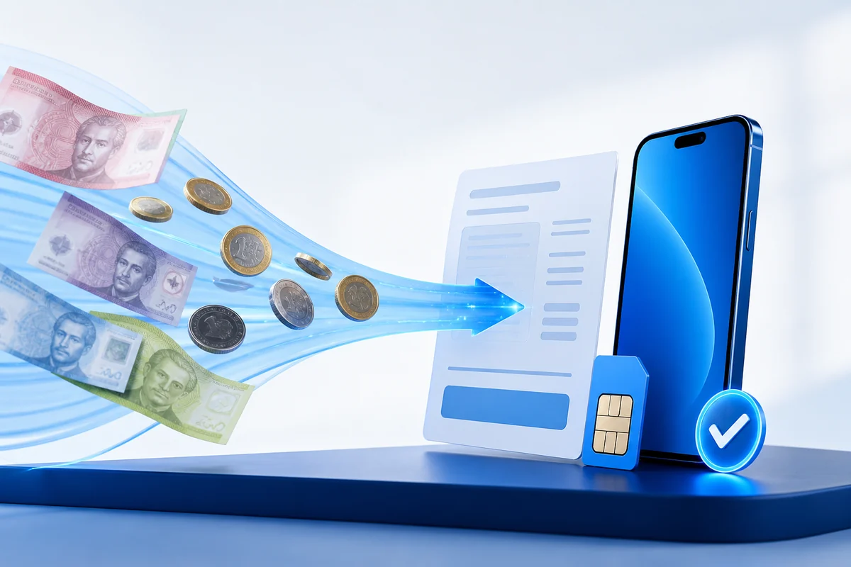 Escena referencial de un pago que pasa a una boleta junto a un teléfono y una SIM nueva