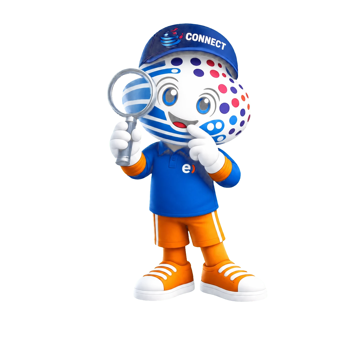 Mascota oficial CONNECTIO con uniforme Entel revisando cuidadosamente las condiciones