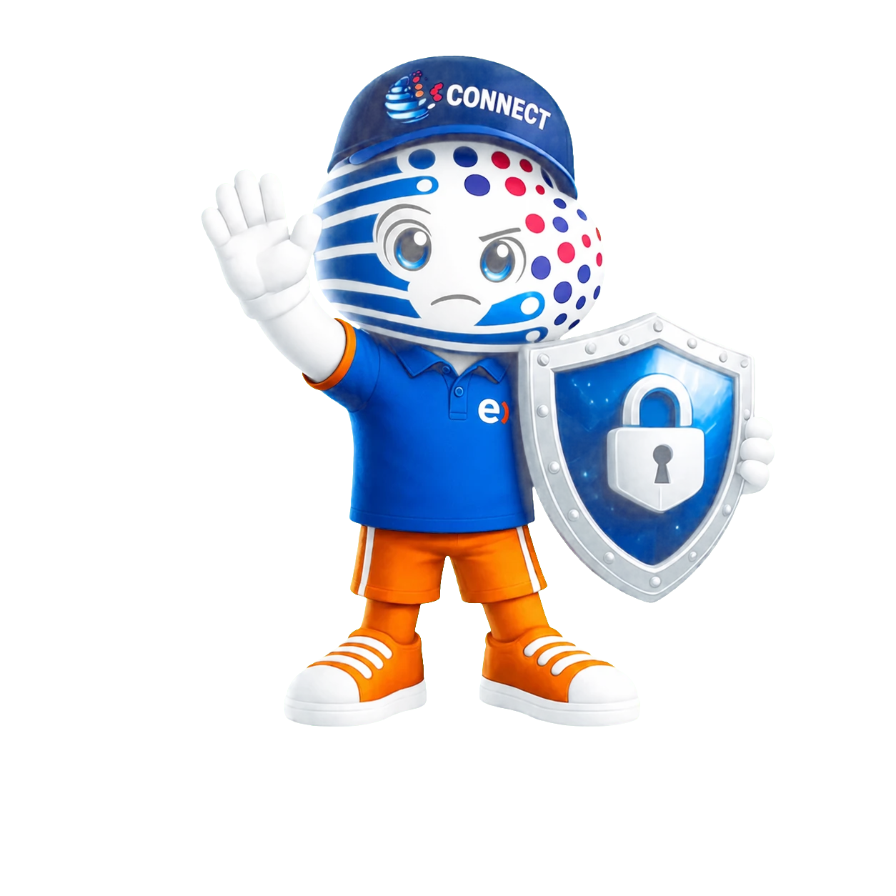 Mascota oficial CONNECTIO con uniforme Entel representando una validación protegida