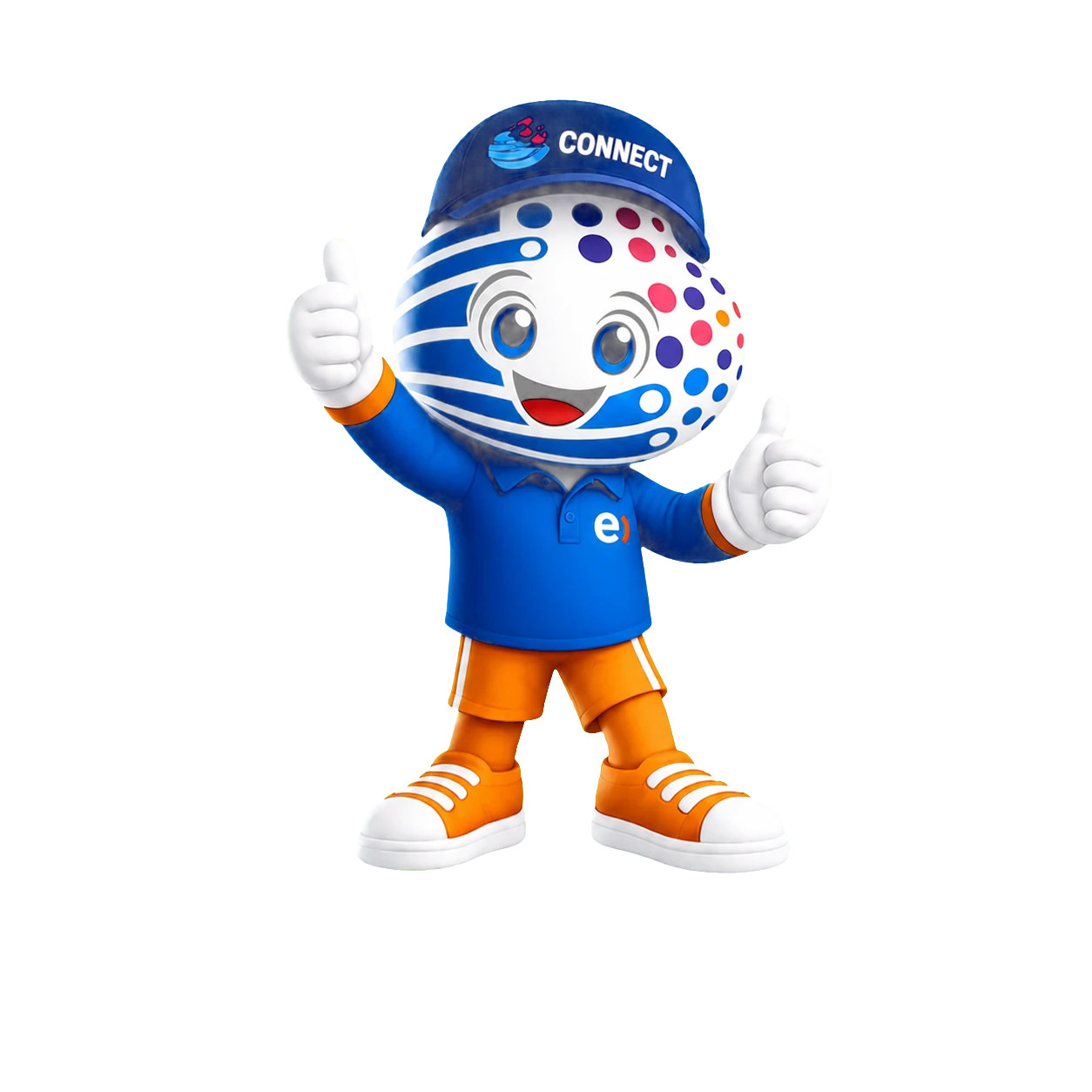 Mascota oficial CONNECTIO con uniforme Entel celebrando una solicitud confirmada