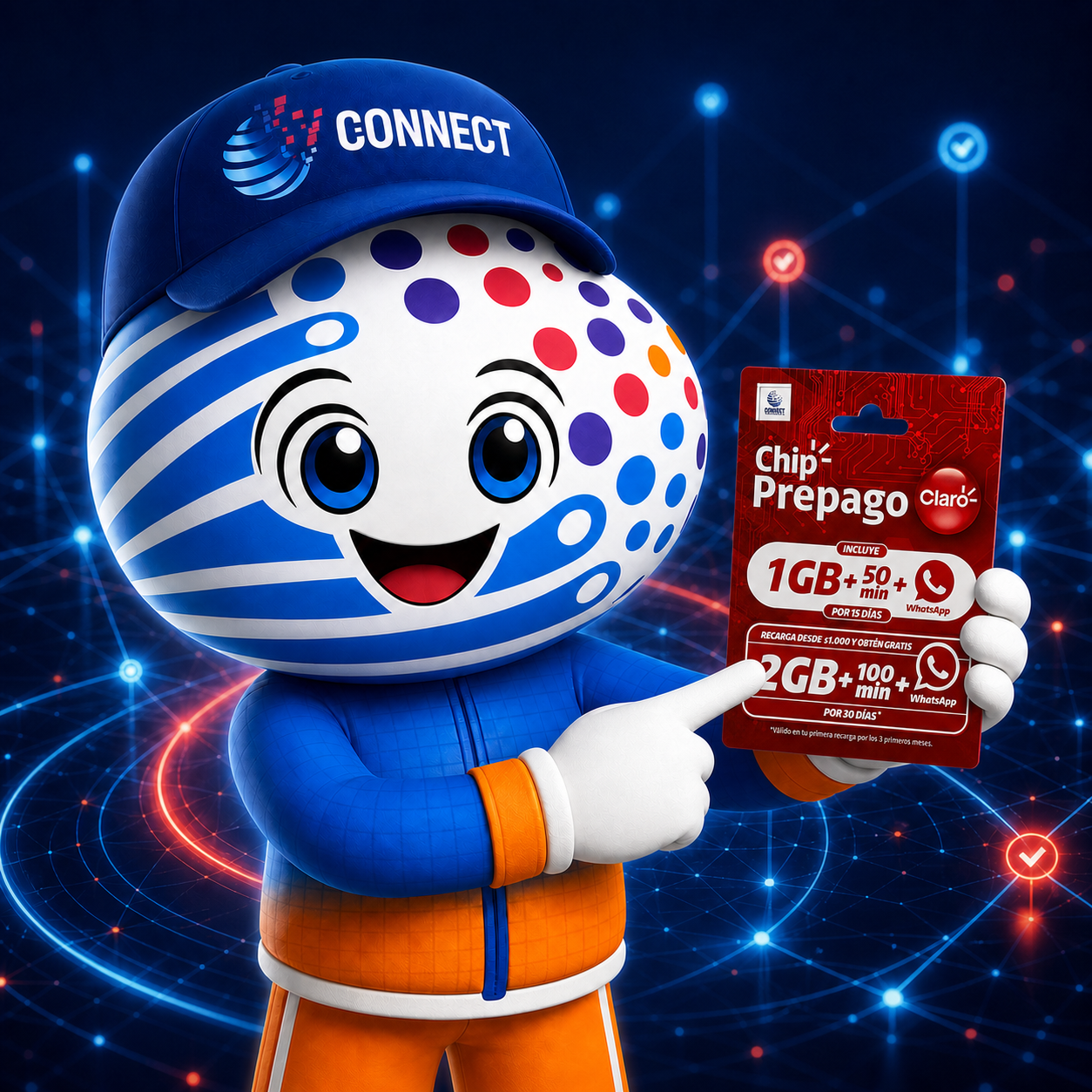 Mascota CONNECTIO presentando un chip Claro