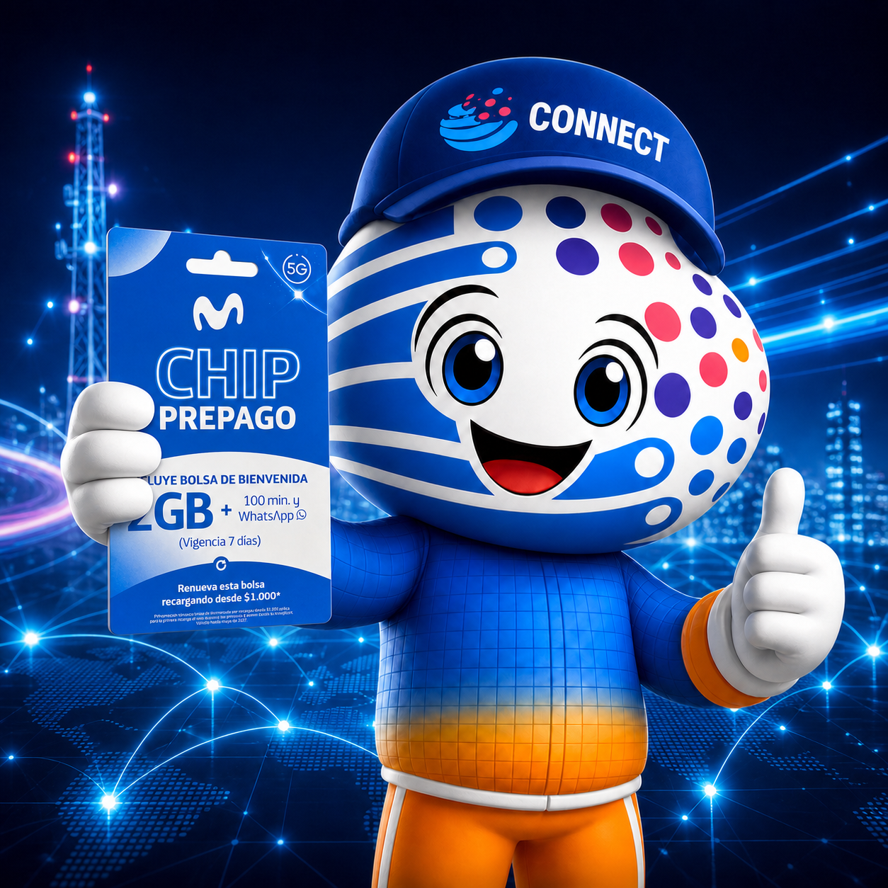 Mascota CONNECTIO presentando un chip Movistar