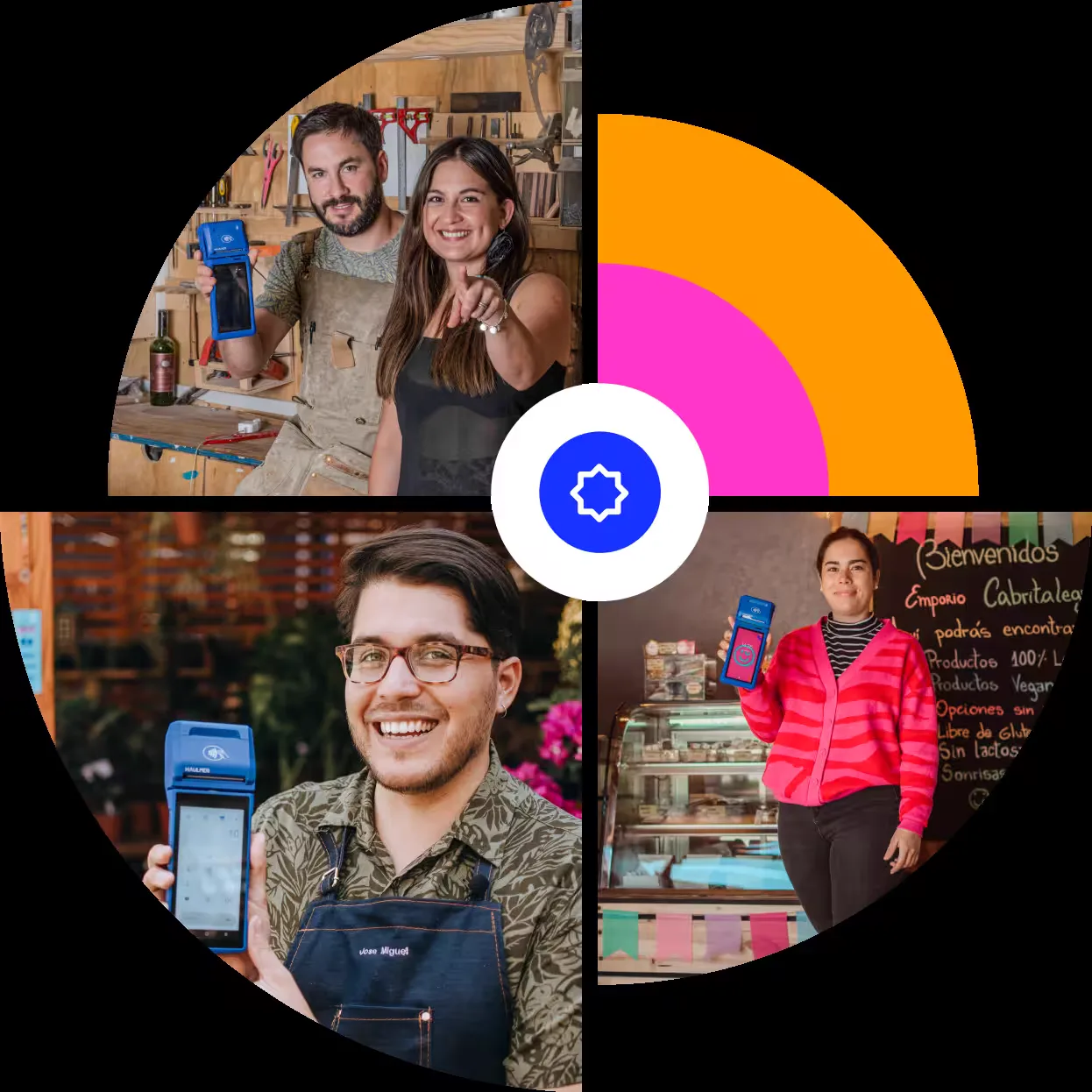 Emprendedores mostrando equipos TUU en distintos comercios