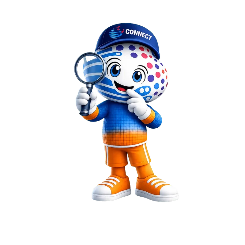 Mascota CONNECT revisando opciones con una lupa