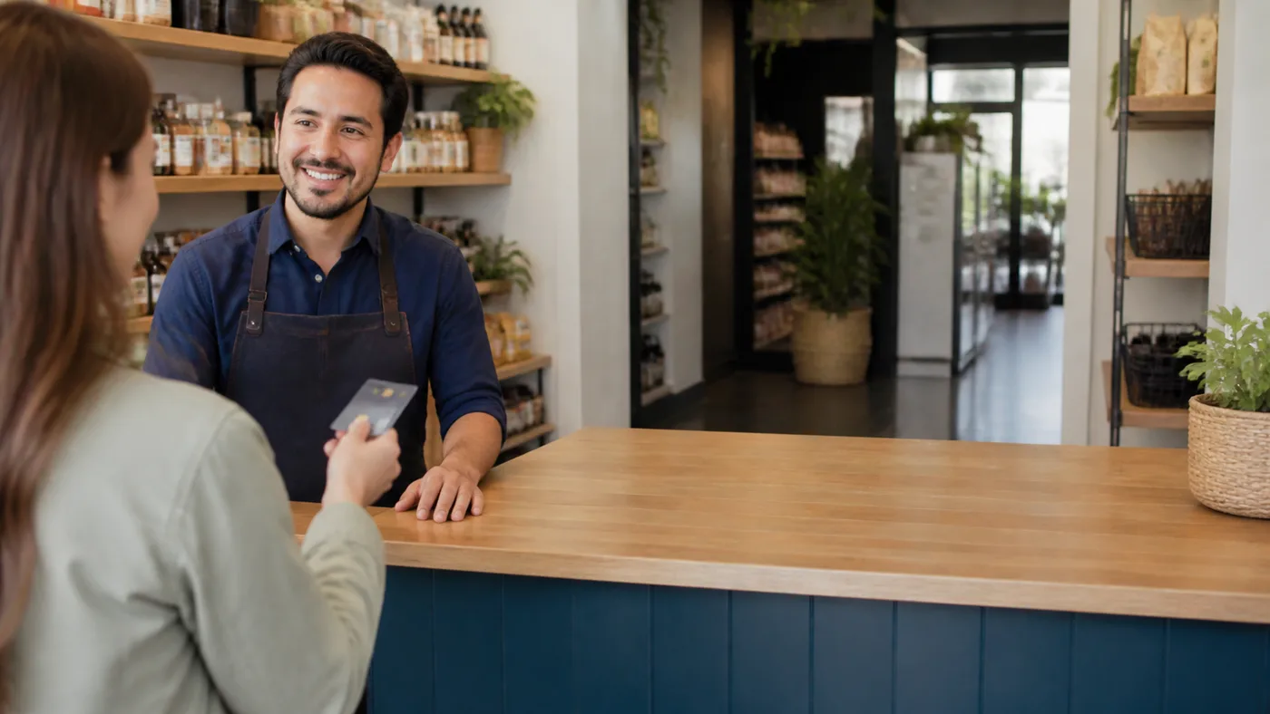 Venta presencial en el mesón de un comercio, con una clienta presentando su tarjeta
