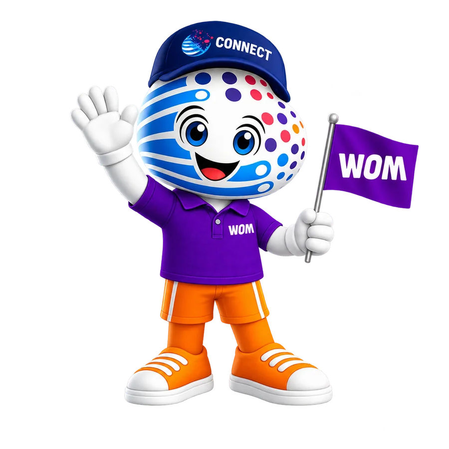 Connectio, la mascota de CONNECT, con polera morada y una bandera WOM